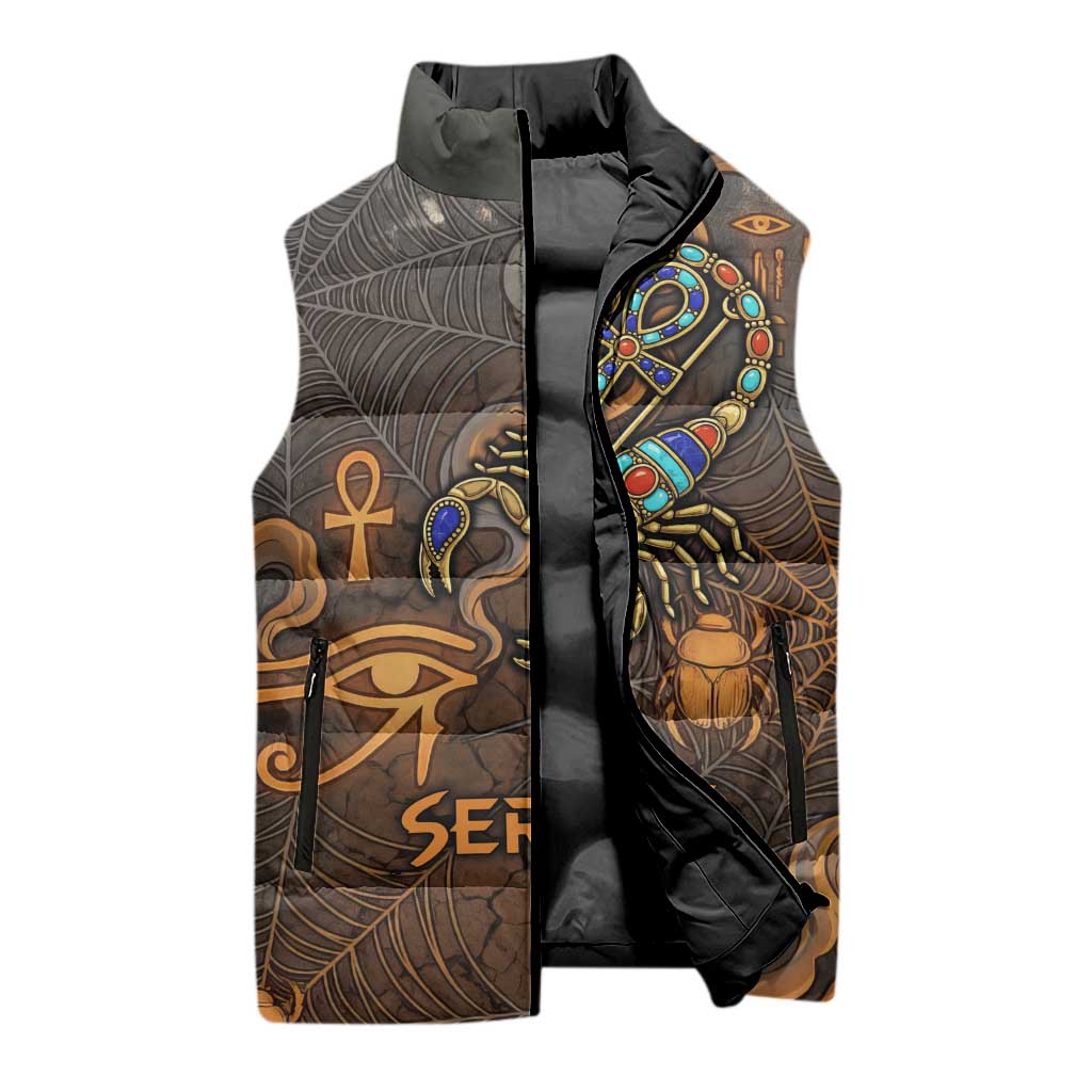 Serket Egyptian Sleeveless Puffer Jacket Jeweled Scorpion and Cobweb Motif in Mystical Egyptian