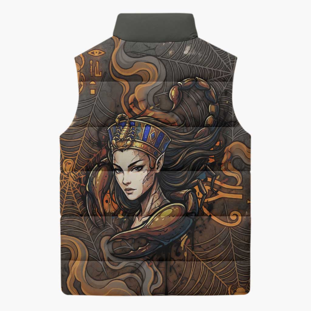 Serket Egyptian Sleeveless Puffer Jacket Jeweled Scorpion and Cobweb Motif in Mystical Egyptian