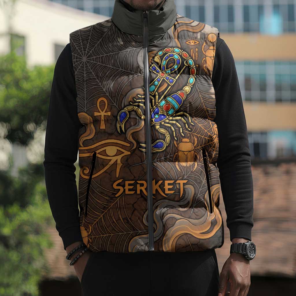 Serket Egyptian Sleeveless Puffer Jacket Jeweled Scorpion and Cobweb Motif in Mystical Egyptian
