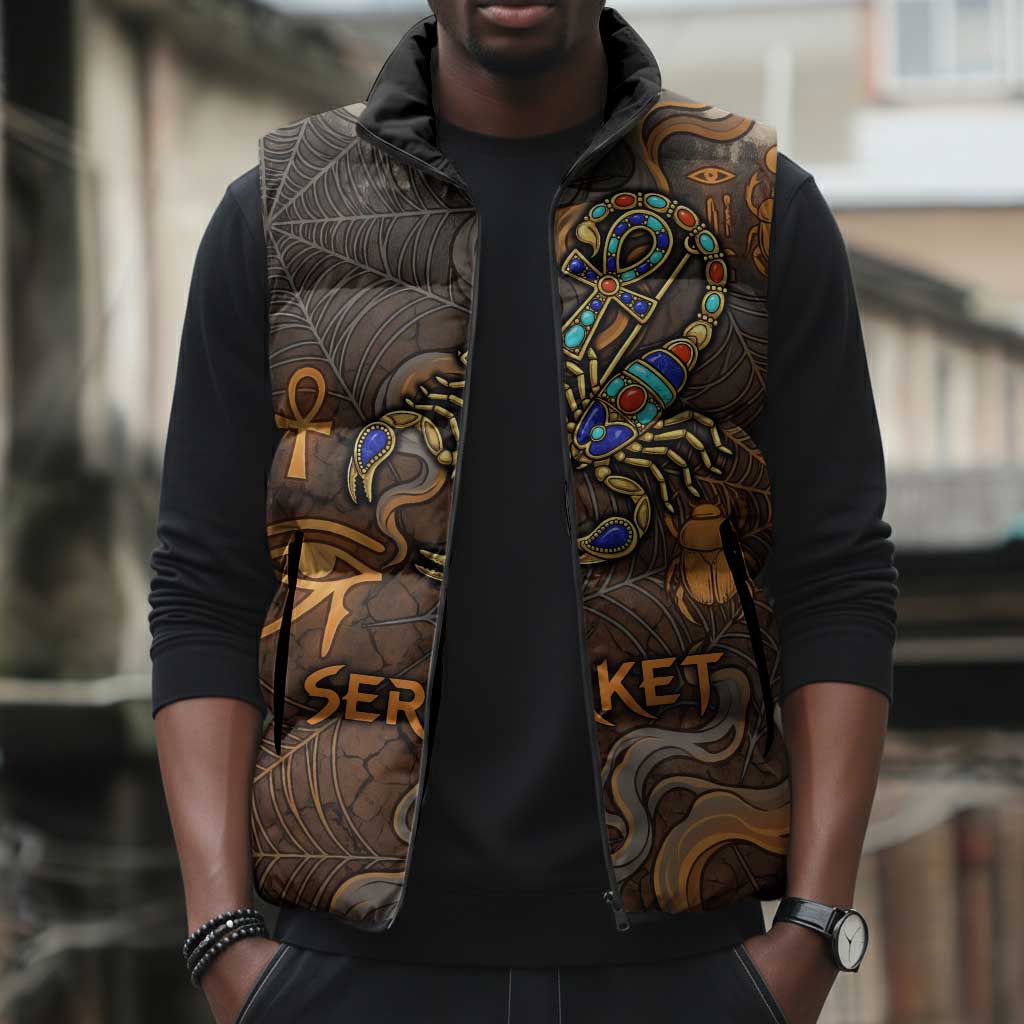 Serket Egyptian Sleeveless Puffer Jacket Jeweled Scorpion and Cobweb Motif in Mystical Egyptian