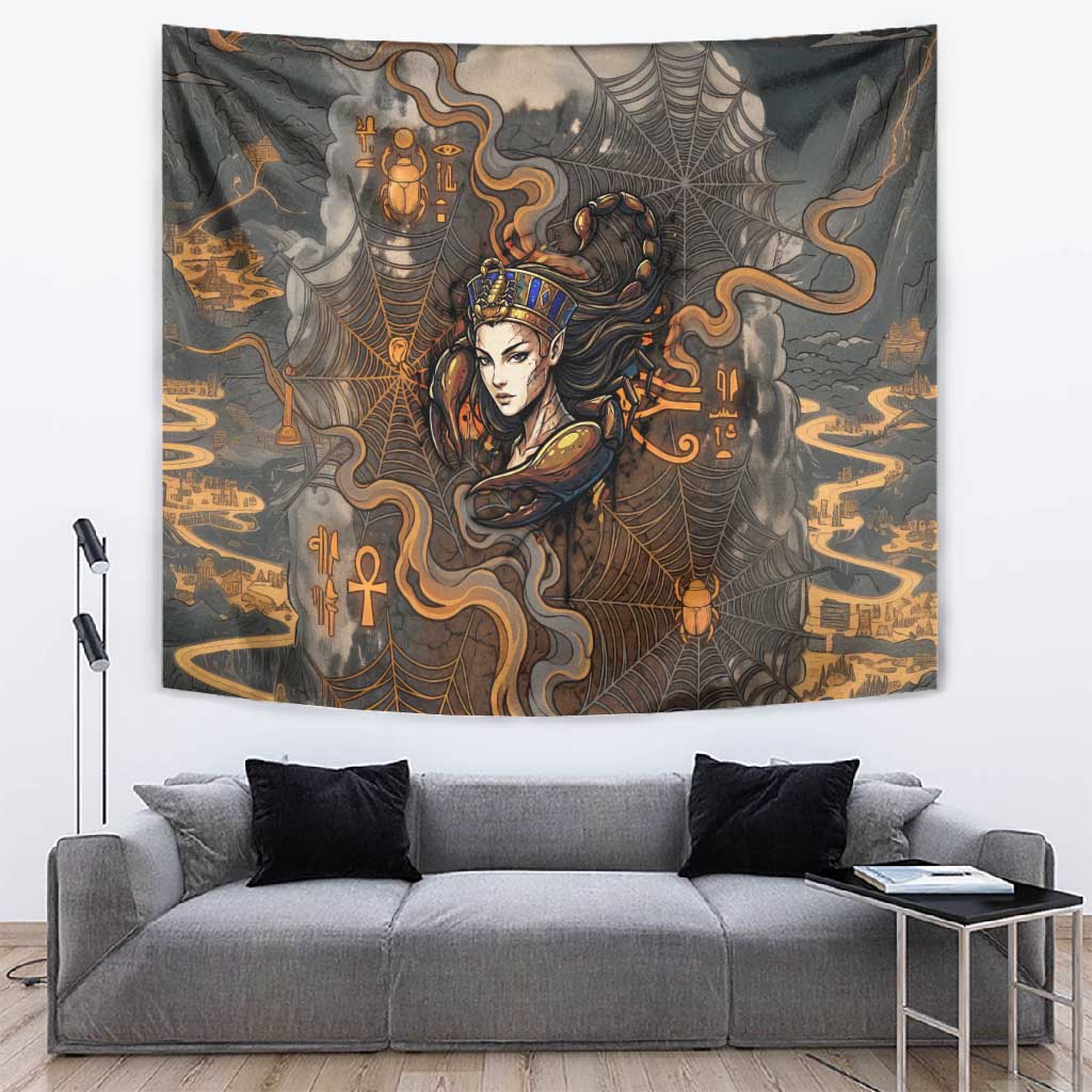 Serket Egyptian Tapestry Jeweled Scorpion and Cobweb Motif in Mystical Egyptian