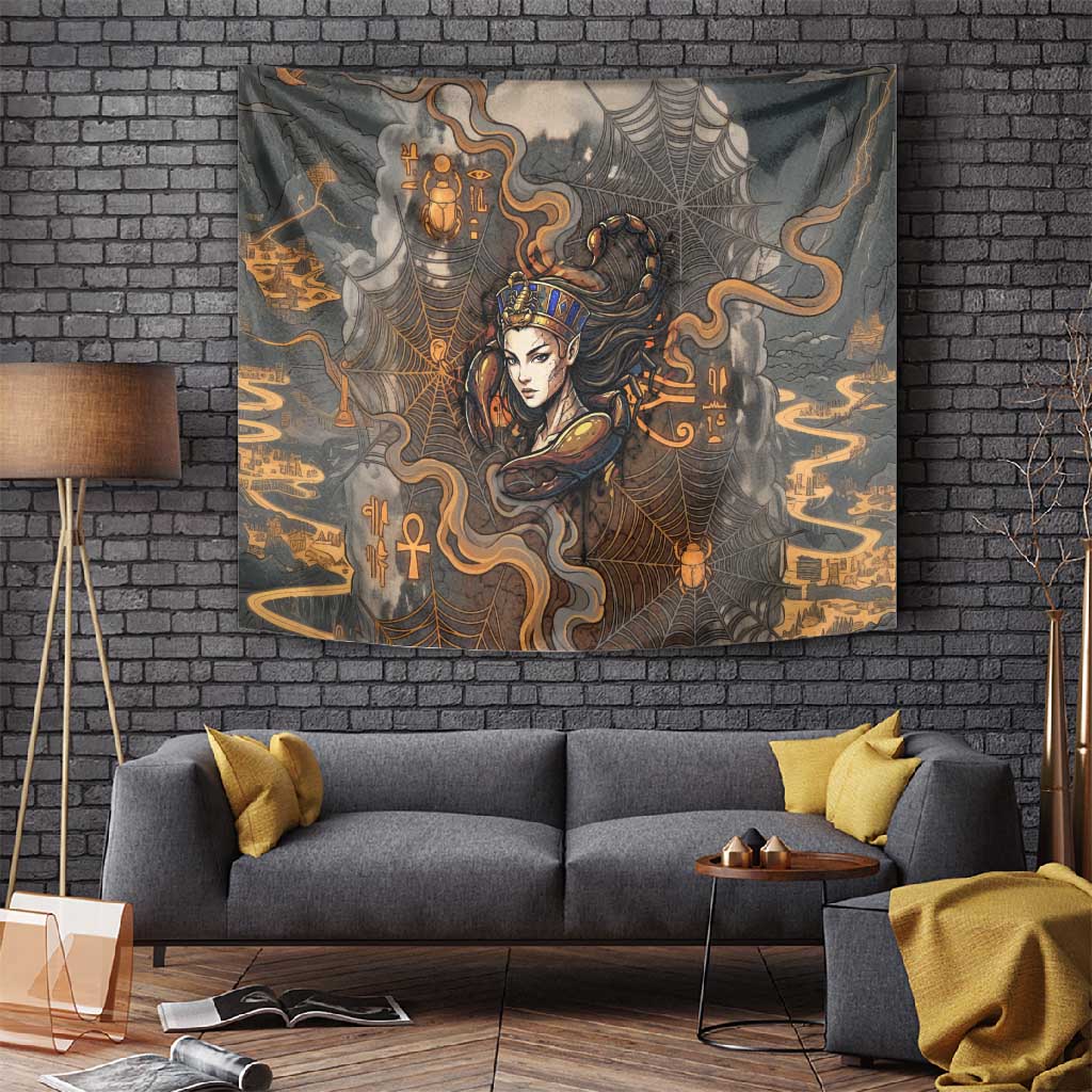 Serket Egyptian Tapestry Jeweled Scorpion and Cobweb Motif in Mystical Egyptian