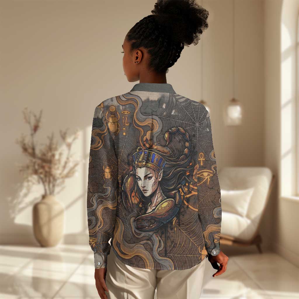 Serket Egyptian Women Casual Shirt Jeweled Scorpion and Cobweb Motif in Mystical Egyptian