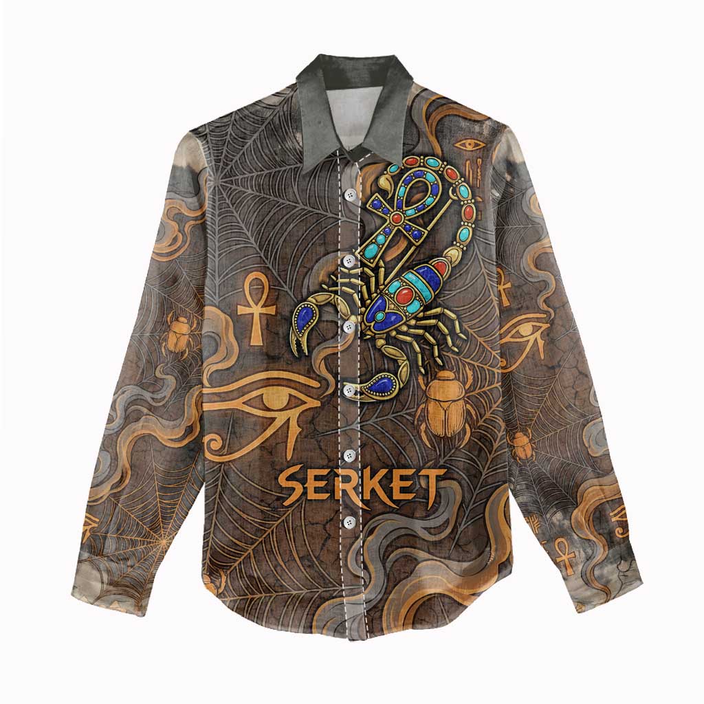 Serket Egyptian Women Casual Shirt Jeweled Scorpion and Cobweb Motif in Mystical Egyptian