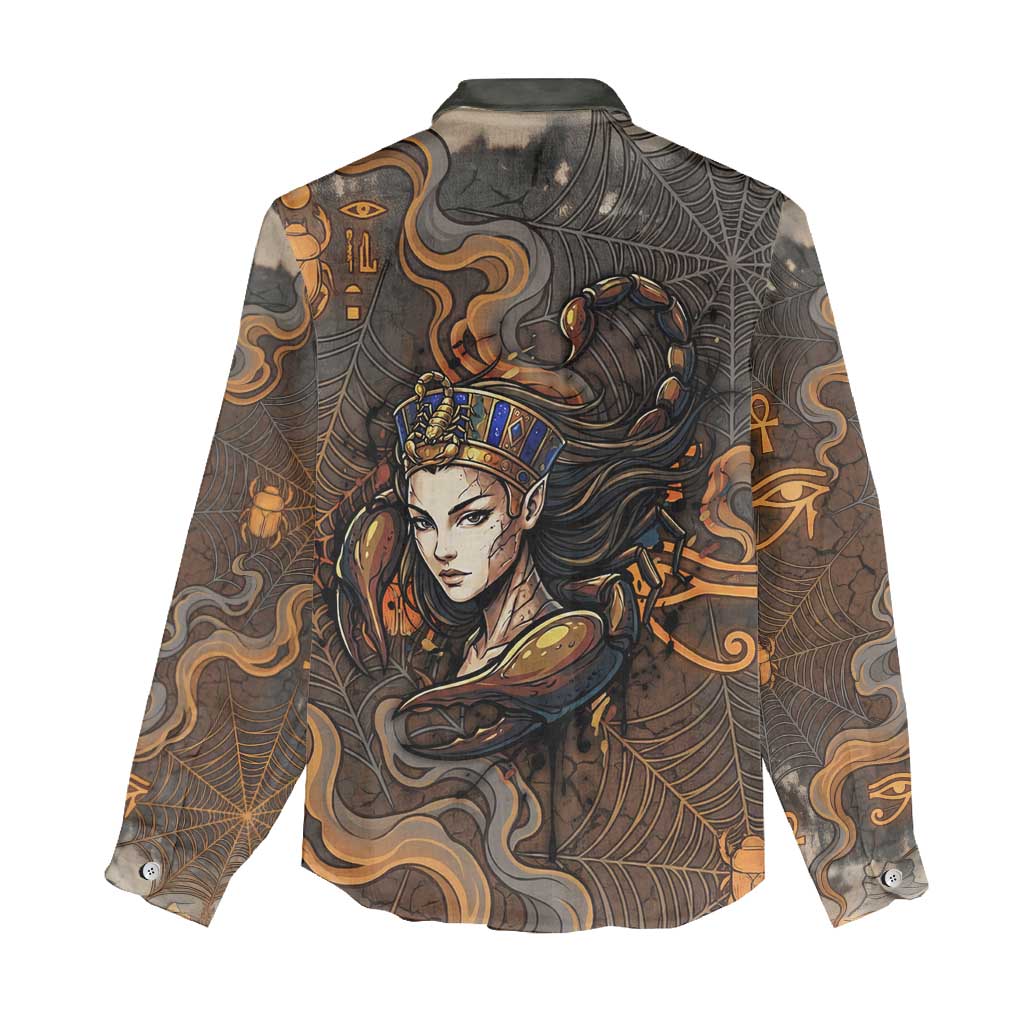 Serket Egyptian Women Casual Shirt Jeweled Scorpion and Cobweb Motif in Mystical Egyptian