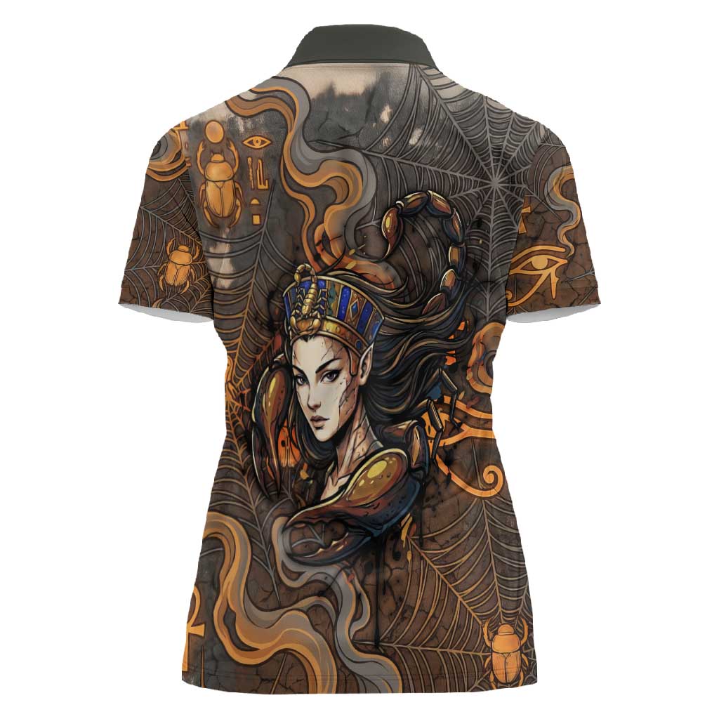 Serket Egyptian Women Polo Shirt Jeweled Scorpion and Cobweb Motif in Mystical Egyptian