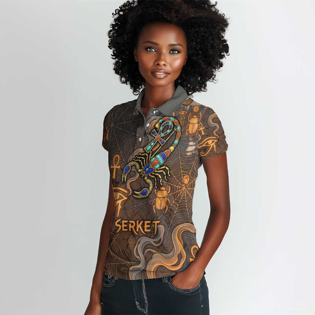 Serket Egyptian Women Polo Shirt Jeweled Scorpion and Cobweb Motif in Mystical Egyptian
