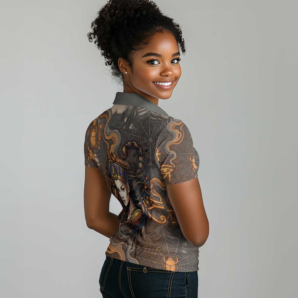 Serket Egyptian Women Polo Shirt Jeweled Scorpion and Cobweb Motif in Mystical Egyptian