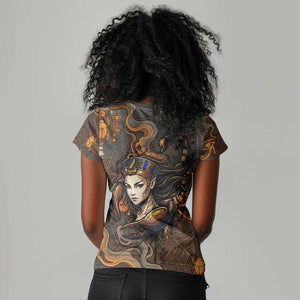Serket Egyptian Women V-Neck T-Shirt Jeweled Scorpion and Cobweb Motif in Mystical Egyptian