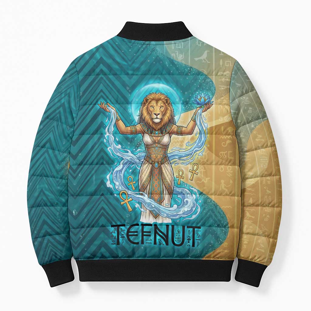 Tefnut Ancient Egyptian Bomber Puffer Jacket with Water Drop and Lion Symbol