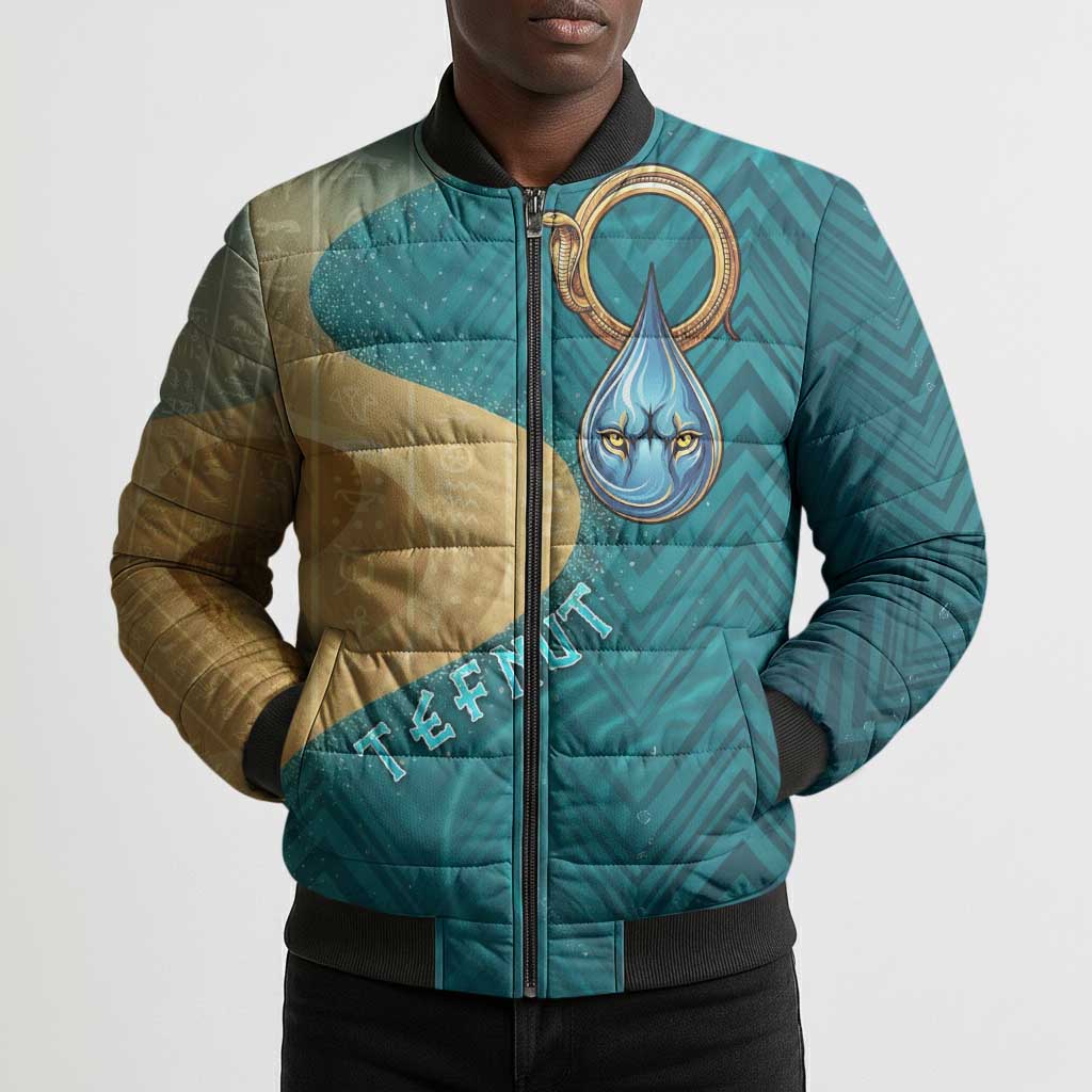 Tefnut Ancient Egyptian Bomber Puffer Jacket with Water Drop and Lion Symbol