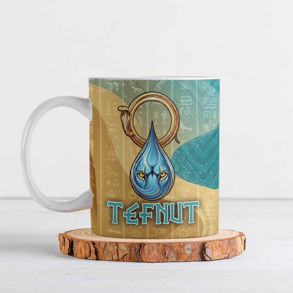Tefnut Ancient Egyptian Ceramic Mug with Water Drop and Lion Symbol
