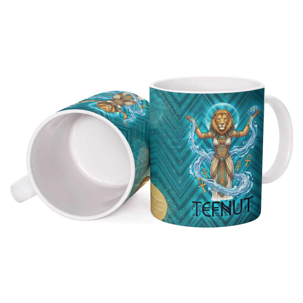 Tefnut Ancient Egyptian Ceramic Mug with Water Drop and Lion Symbol