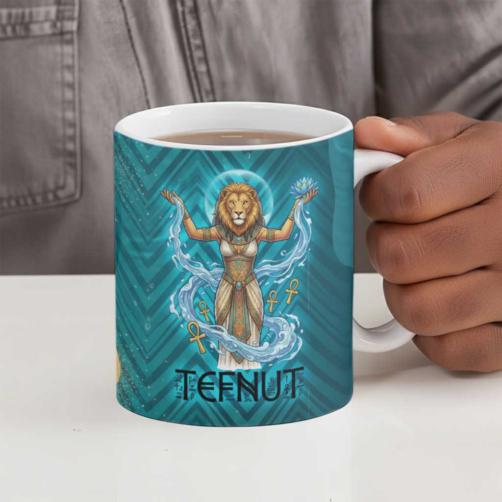 Tefnut Ancient Egyptian Ceramic Mug with Water Drop and Lion Symbol