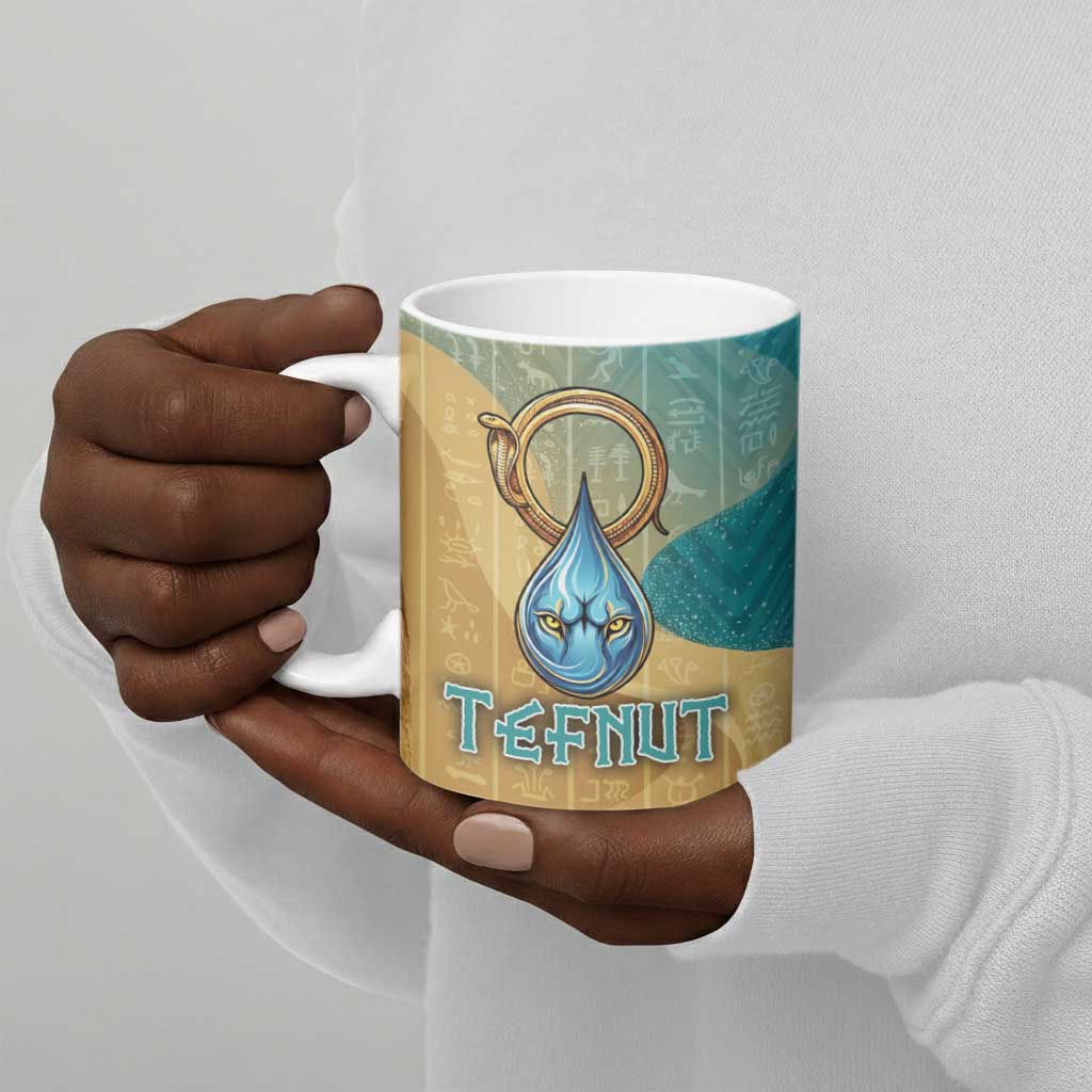Tefnut Ancient Egyptian Ceramic Mug with Water Drop and Lion Symbol
