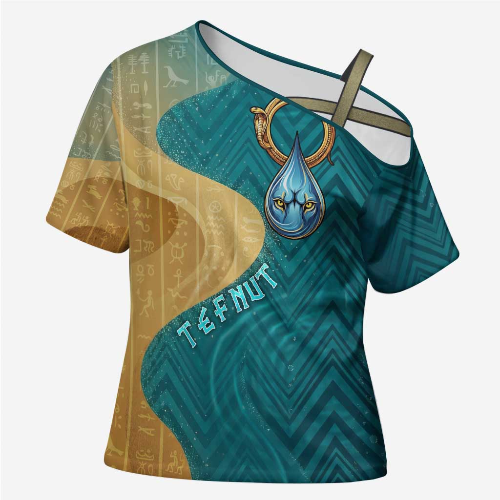 Tefnut Ancient Egyptian Cross Shoulder Shirt with Water Drop and Lion Symbol