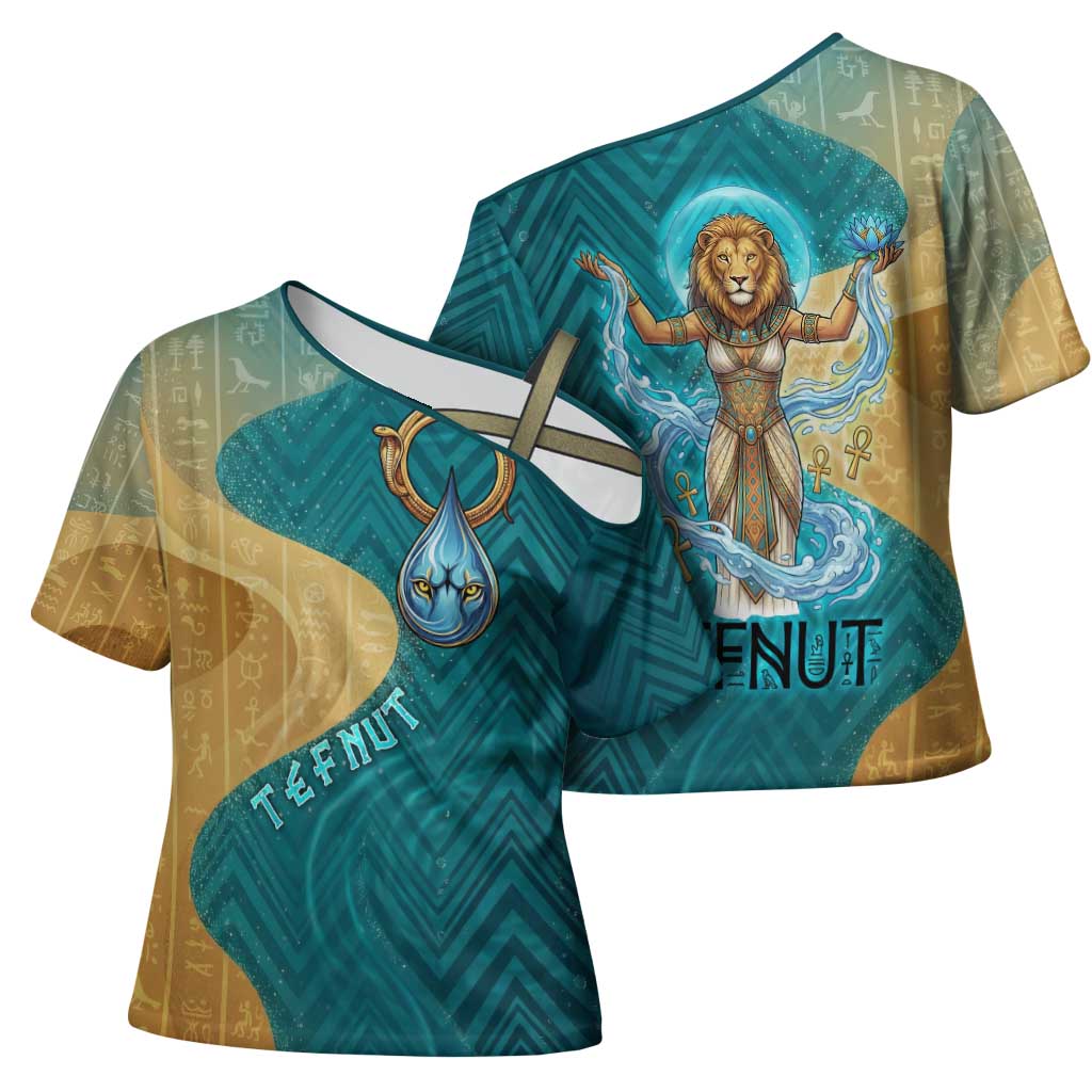 Tefnut Ancient Egyptian Cross Shoulder Shirt with Water Drop and Lion Symbol