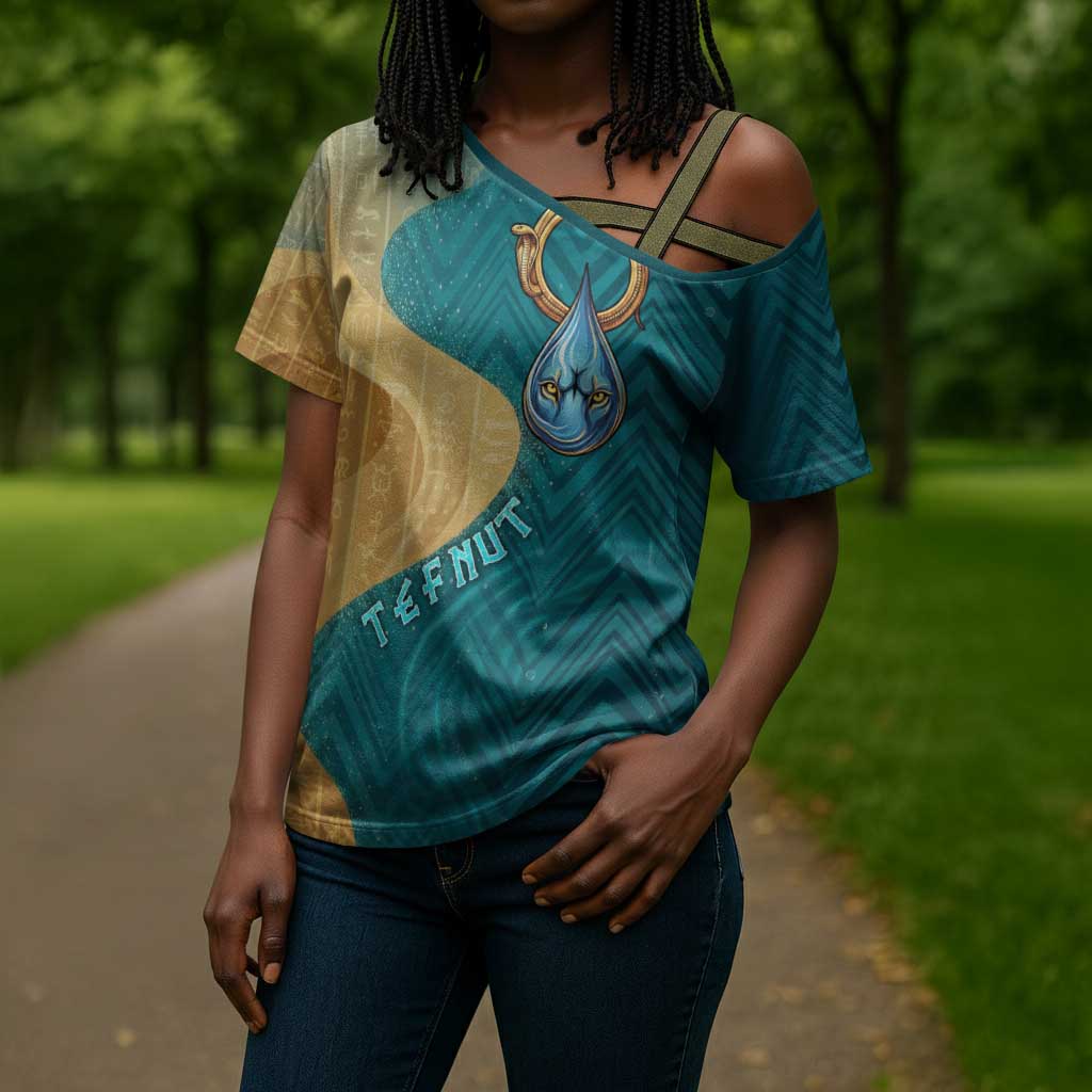 Tefnut Ancient Egyptian Cross Shoulder Shirt with Water Drop and Lion Symbol