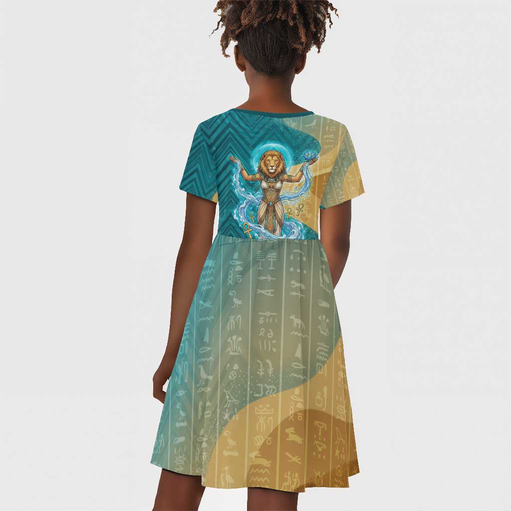 Tefnut Ancient Egyptian Kid Short Sleeve Dress with Water Drop and Lion Symbol