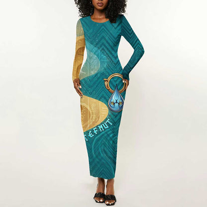 Tefnut Ancient Egyptian Long Sleeve Bodycon Dress with Water Drop and Lion Symbol