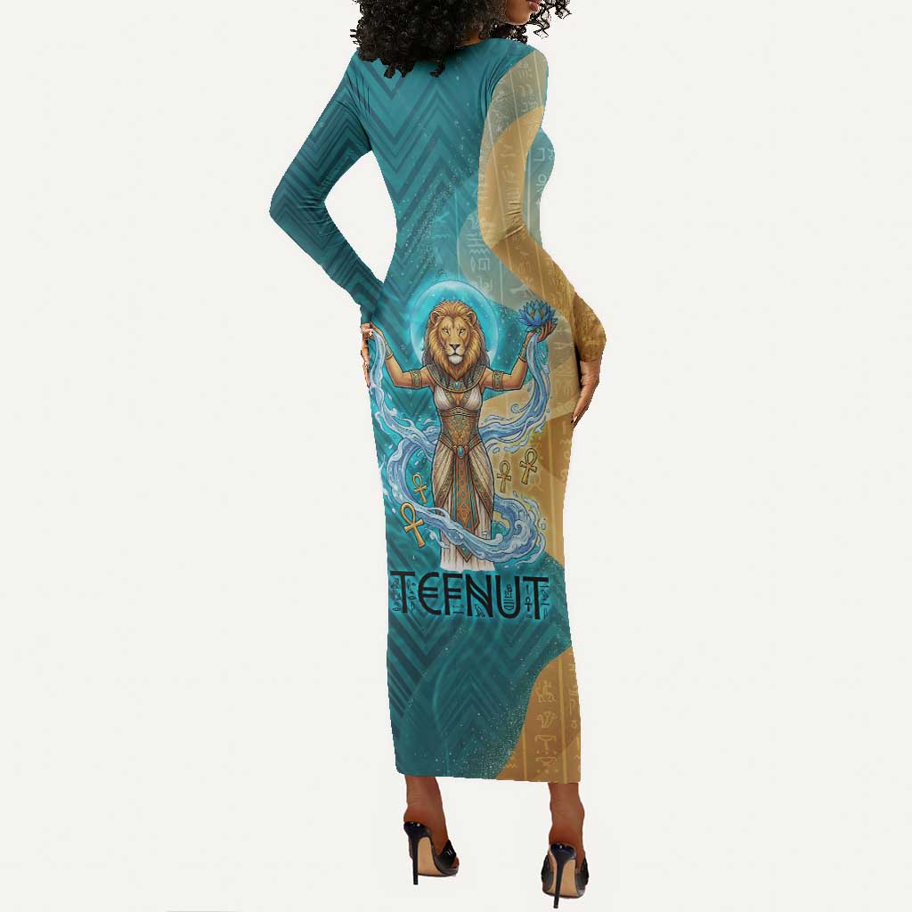 Tefnut Ancient Egyptian Long Sleeve Bodycon Dress with Water Drop and Lion Symbol