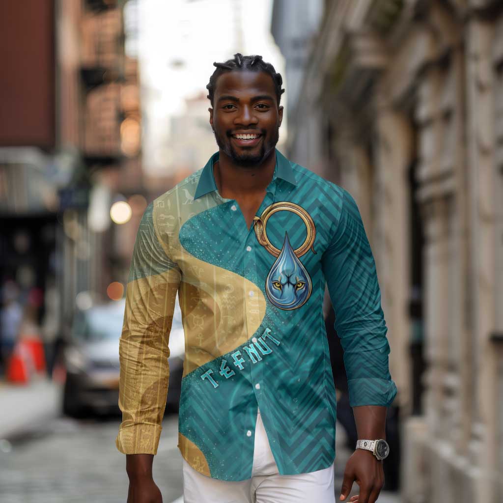 Tefnut Ancient Egyptian Long Sleeve Button Shirt with Water Drop and Lion Symbol