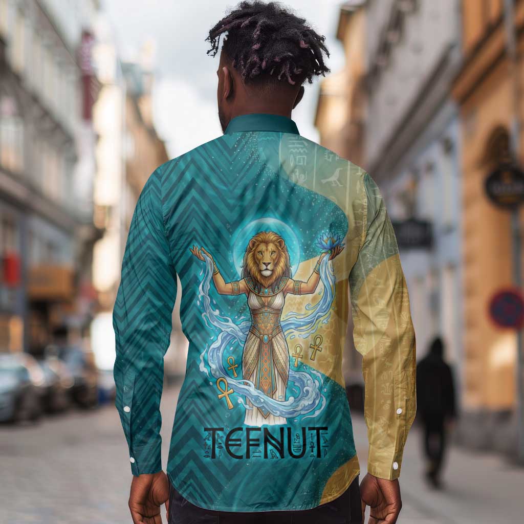 Tefnut Ancient Egyptian Long Sleeve Button Shirt with Water Drop and Lion Symbol