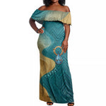 Tefnut Ancient Egyptian Off Shoulder Maxi Dress with Water Drop and Lion Symbol