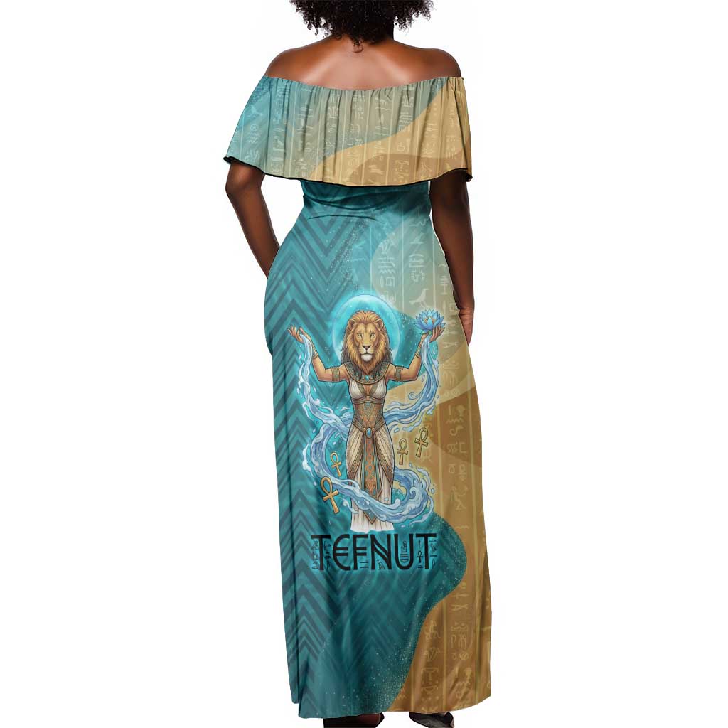 Tefnut Ancient Egyptian Off Shoulder Maxi Dress with Water Drop and Lion Symbol