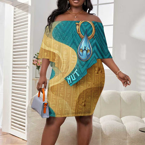 Tefnut Ancient Egyptian Off Shoulder Short Dress with Water Drop and Lion Symbol