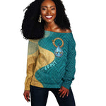 Tefnut Ancient Egyptian Off Shoulder Sweater with Water Drop and Lion Symbol