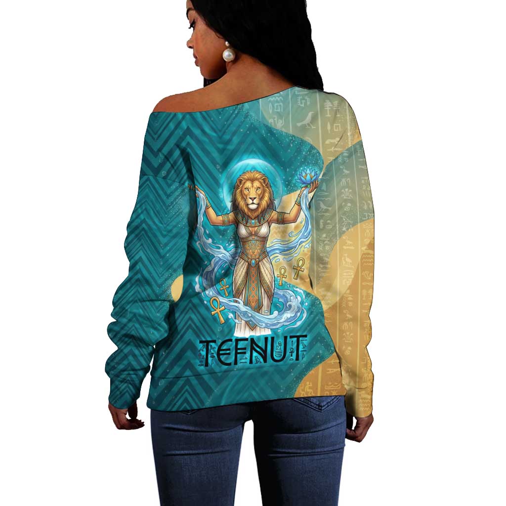 Tefnut Ancient Egyptian Off Shoulder Sweater with Water Drop and Lion Symbol