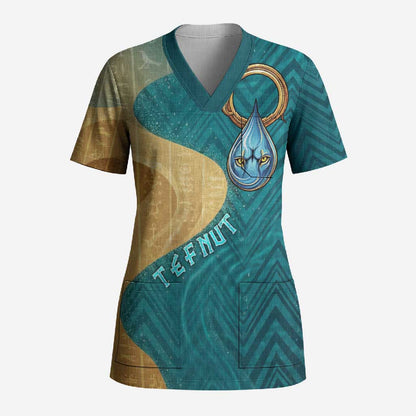 Tefnut Ancient Egyptian Scrub Top with Water Drop and Lion Symbol