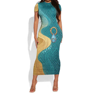Tefnut Ancient Egyptian Short Sleeve Bodycon Dress with Water Drop and Lion Symbol
