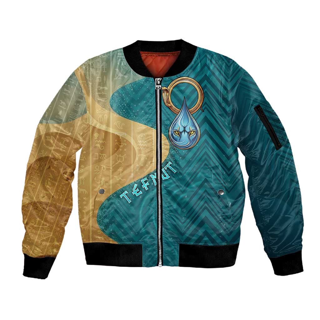 Tefnut Ancient Egyptian Sleeve Zip Bomber Jacket with Water Drop and Lion Symbol