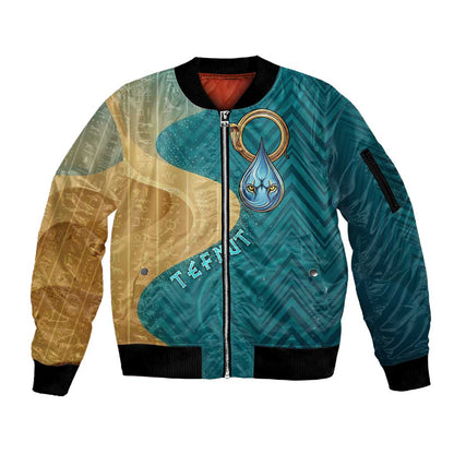 Tefnut Ancient Egyptian Sleeve Zip Bomber Jacket with Water Drop and Lion Symbol