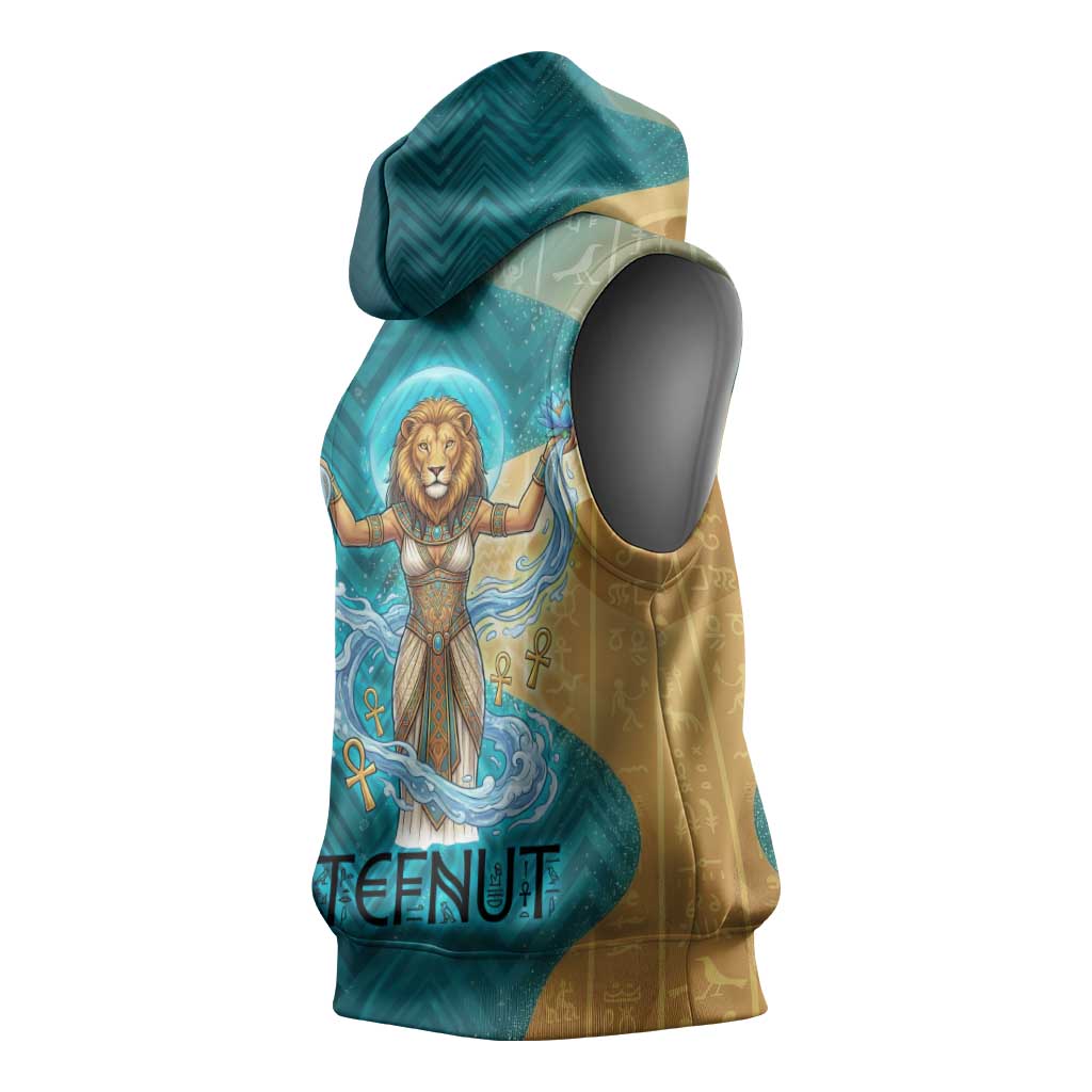 Tefnut Ancient Egyptian Sleeveless Hoodie with Water Drop and Lion Symbol