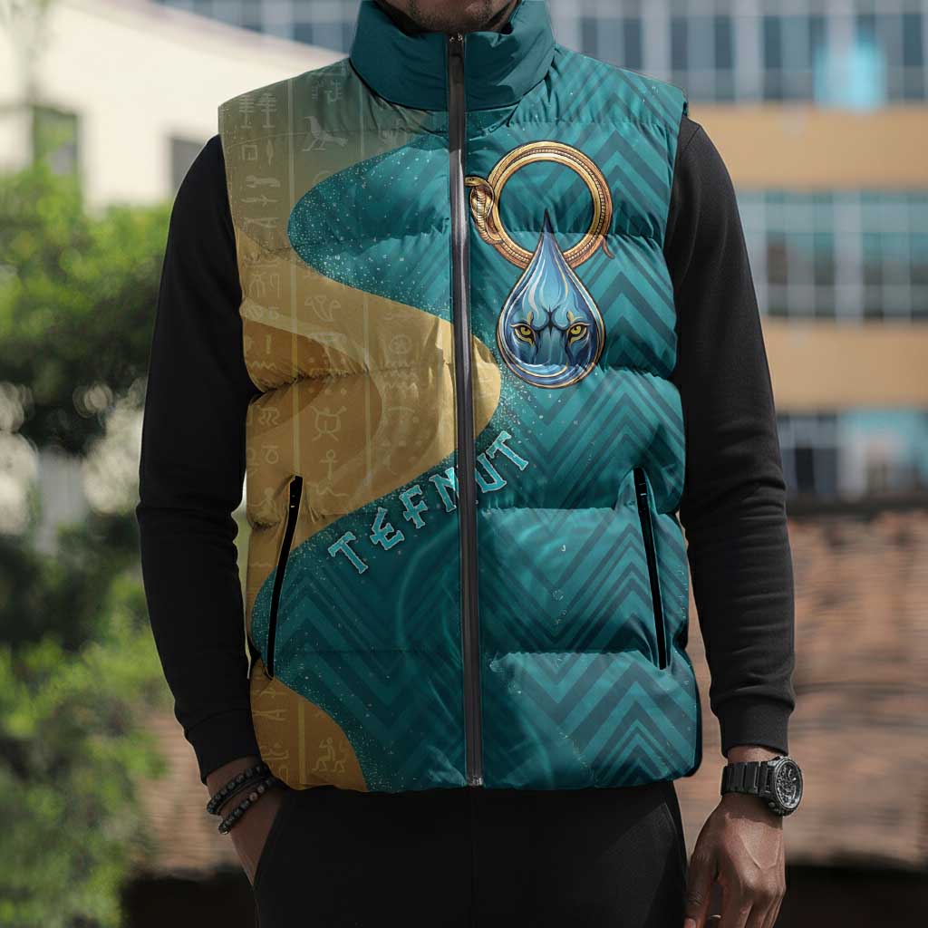 Tefnut Ancient Egyptian Sleeveless Puffer Jacket with Water Drop and Lion Symbol