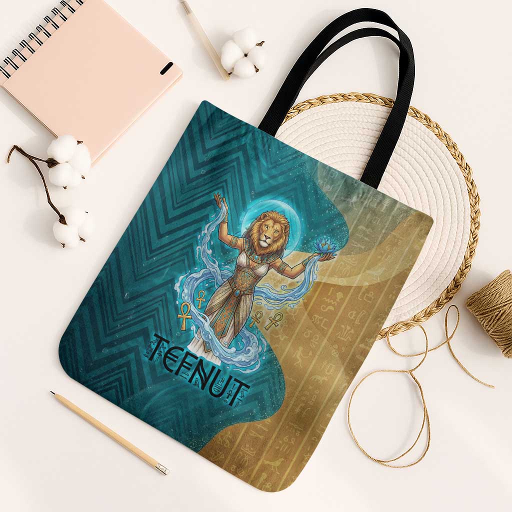 Tefnut Ancient Egyptian Tote Bag with Water Drop and Lion Symbol
