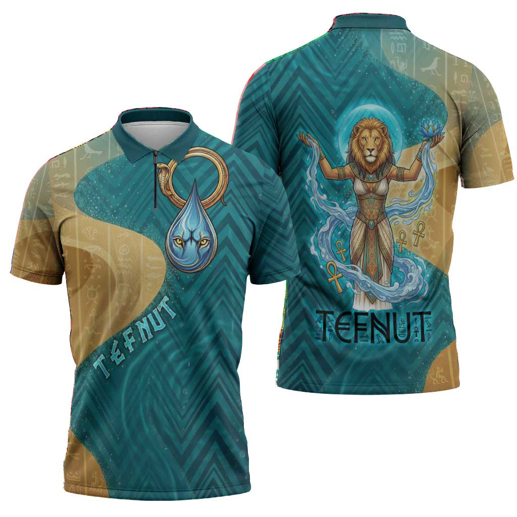 Tefnut Ancient Egyptian Zipper Polo Shirt with Water Drop and Lion Symbol