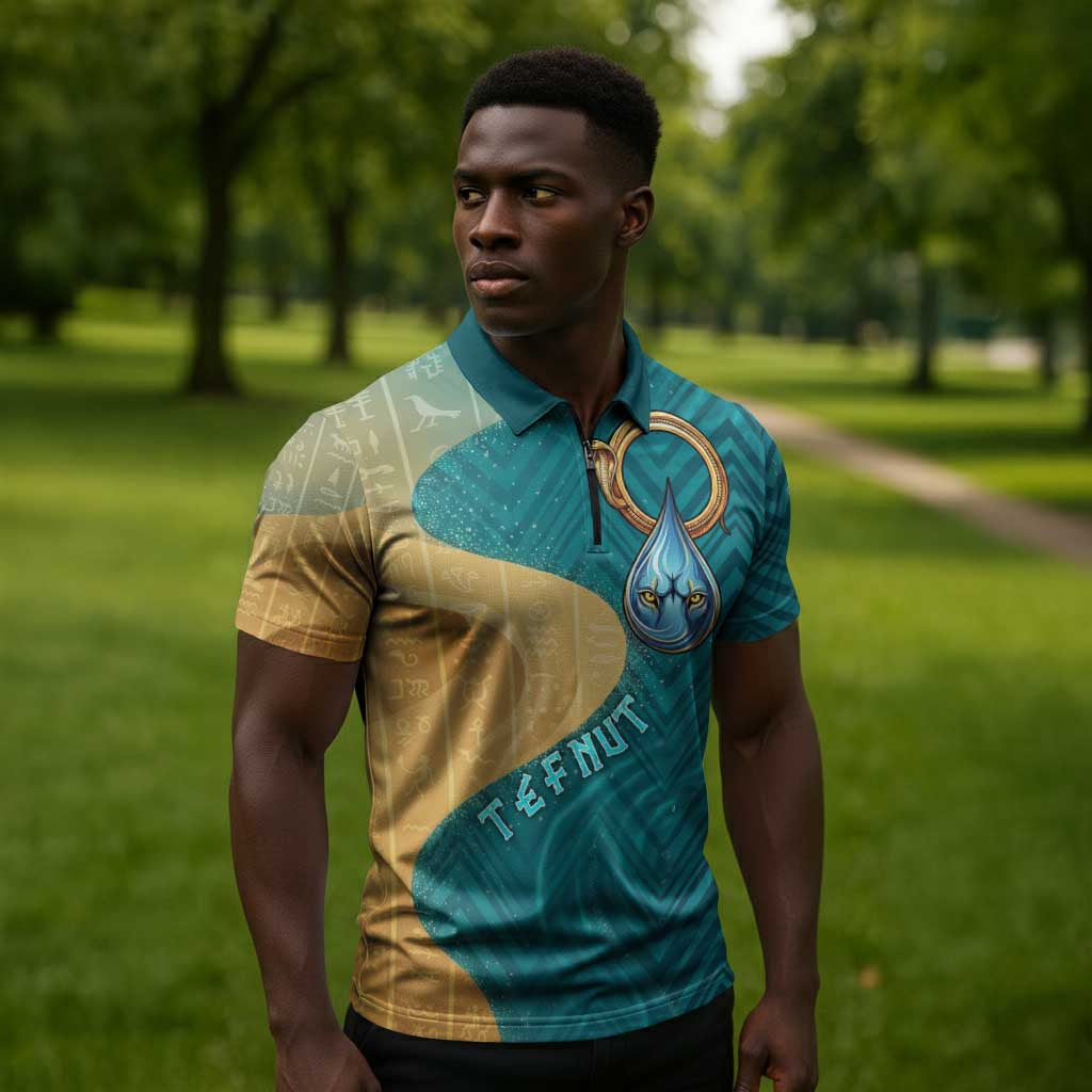 Tefnut Ancient Egyptian Zipper Polo Shirt with Water Drop and Lion Symbol