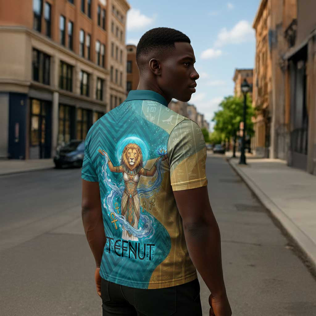 Tefnut Ancient Egyptian Zipper Polo Shirt with Water Drop and Lion Symbol