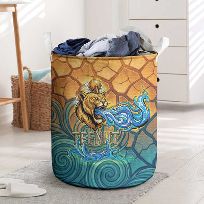 Egyptian Tefnut Fiery Eye Laundry Basket with Roaring Lion in Desert and Water Element