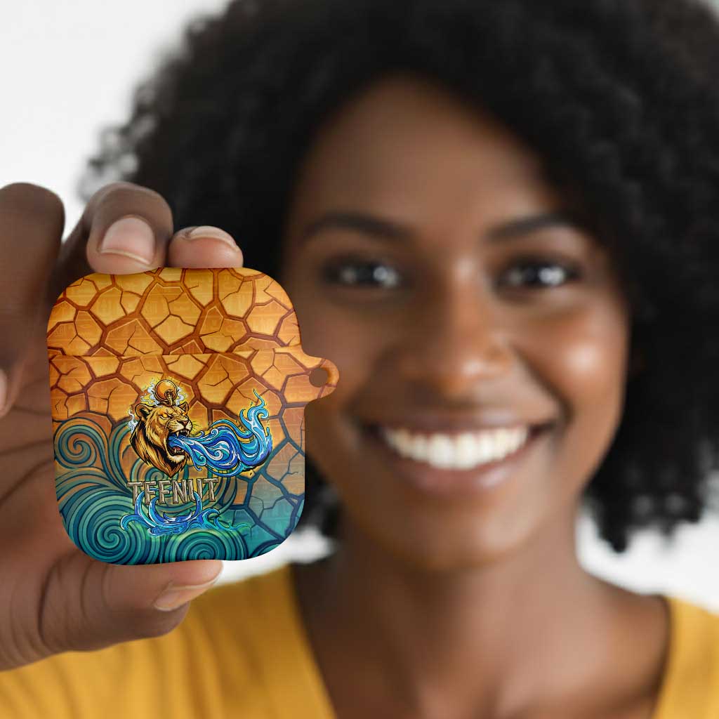 Egyptian Tefnut Fiery Eye AirPods Case with Roaring Lion in Desert and Water Element