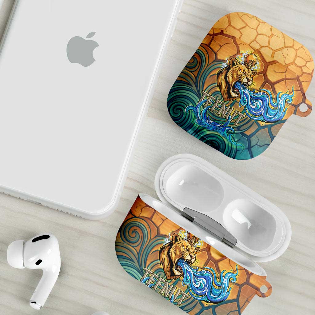 Egyptian Tefnut Fiery Eye AirPods Case with Roaring Lion in Desert and Water Element