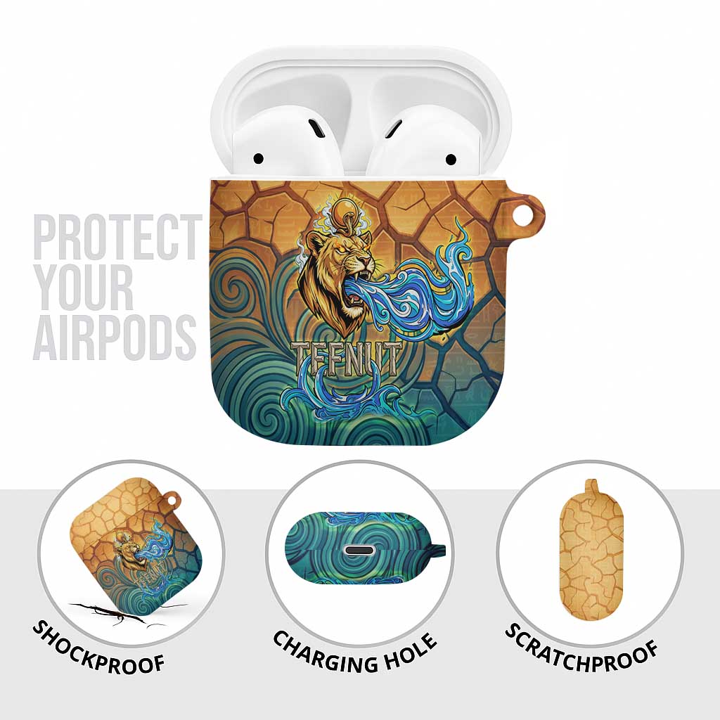 Egyptian Tefnut Fiery Eye AirPods Case with Roaring Lion in Desert and Water Element