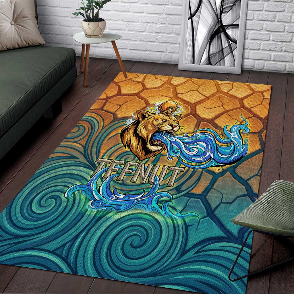 Egyptian Tefnut Fiery Eye Area Rug with Roaring Lion in Desert and Water Element