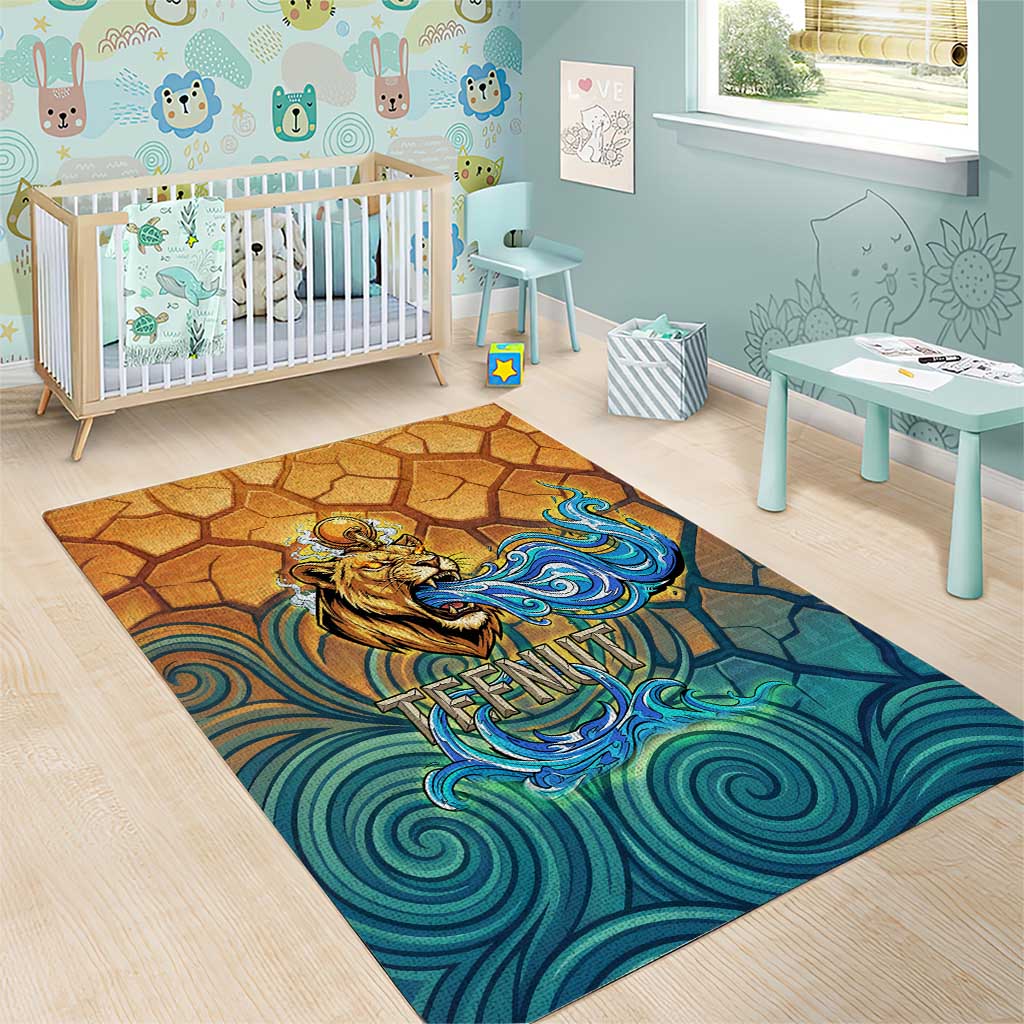 Egyptian Tefnut Fiery Eye Area Rug with Roaring Lion in Desert and Water Element