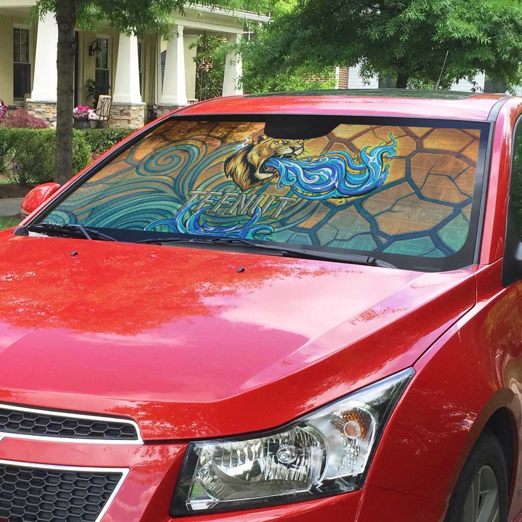 Egyptian Tefnut Fiery Eye Auto Sun Shade with Roaring Lion in Desert and Water Element