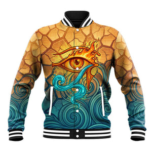 Egyptian Tefnut Fiery Eye Baseball Jacket with Roaring Lion in Desert and Water Element